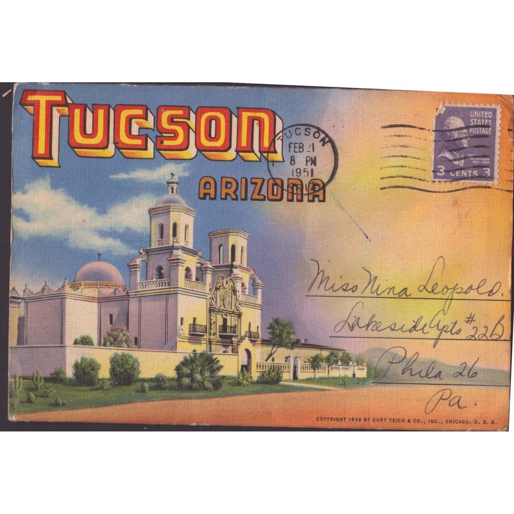 Tucson Arizona AZ San Xavier Mission Curt Teich 1936 Linen Postcard Posted 1951